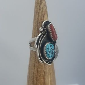 Southwestern Shadowbox Turquoise Coral Ring